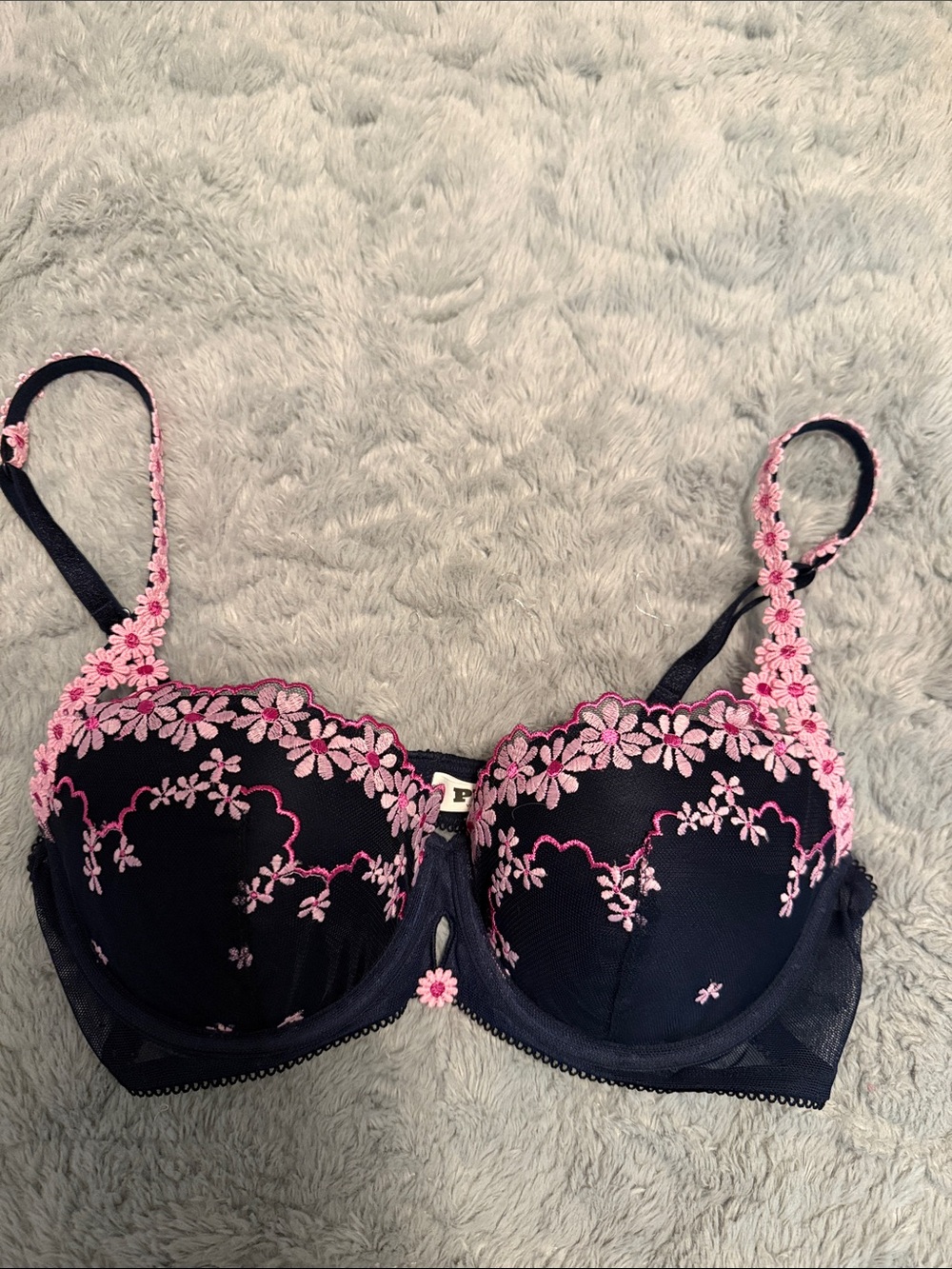 Victoria's Secret Black Push-up Bra with Pink Floral Embroidery